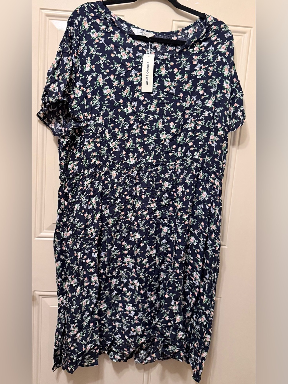 Agnes Orinda Navy Floral Pullover Summer Dress Flutter Sleeves Elastic Waist 3XL